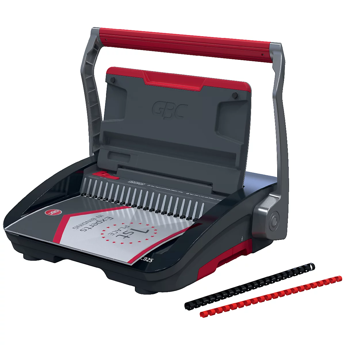 Machine à relier GBC noire et rouge avec une brochure. Deux reliures en spirale sont posées à côté de la machine.