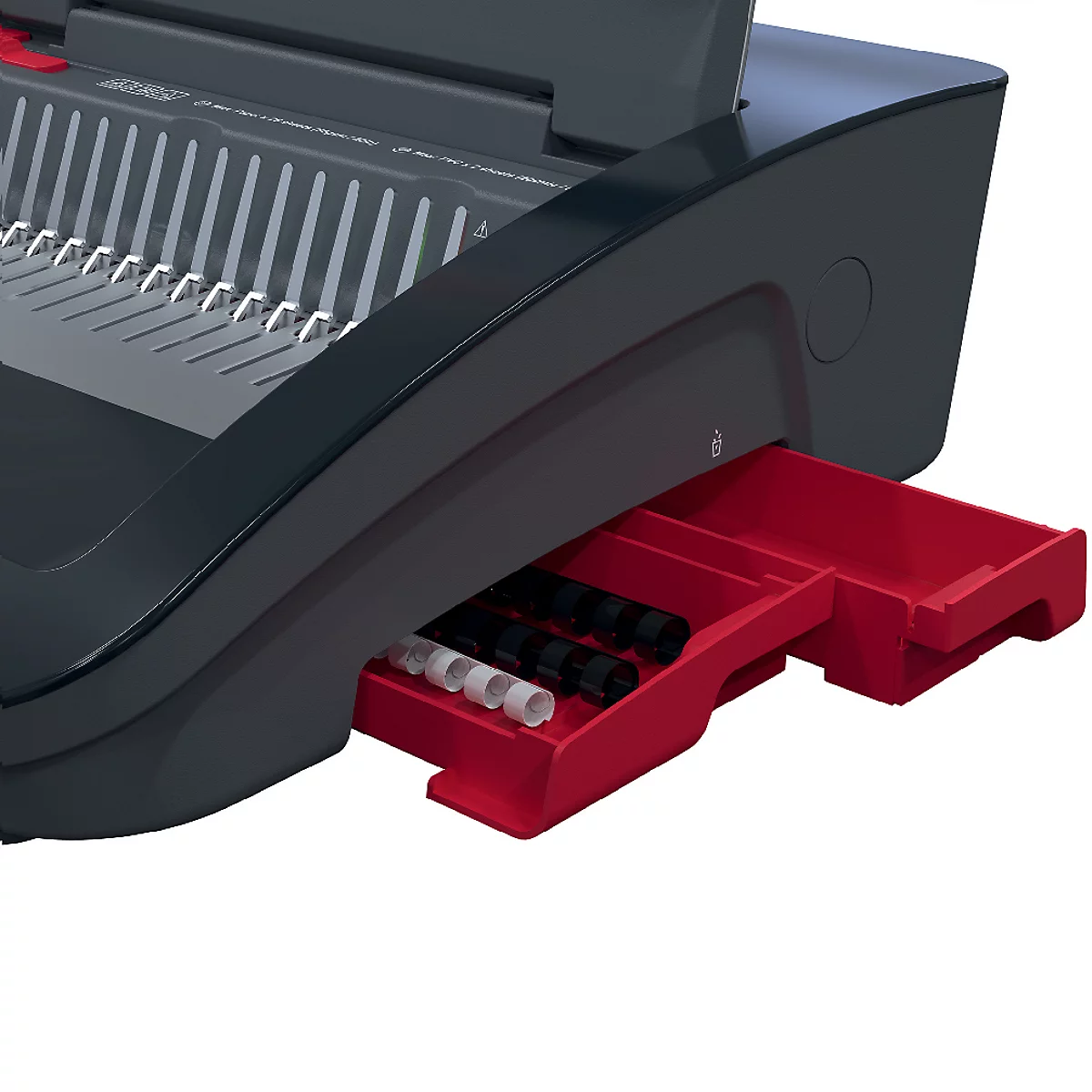 Detailaufnahme einer schwarzen Bindemaschine mit roter Schublade. In der Schublade sind Spiralbindungen in Schwarz und Weiß sichtbar.