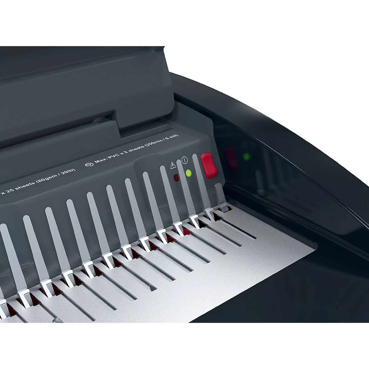 Detailaufnahme einer schwarzen Bindemaschine. Auf der grauen Bedienleiste befinden sich Warn- und Betriebsanzeigen.