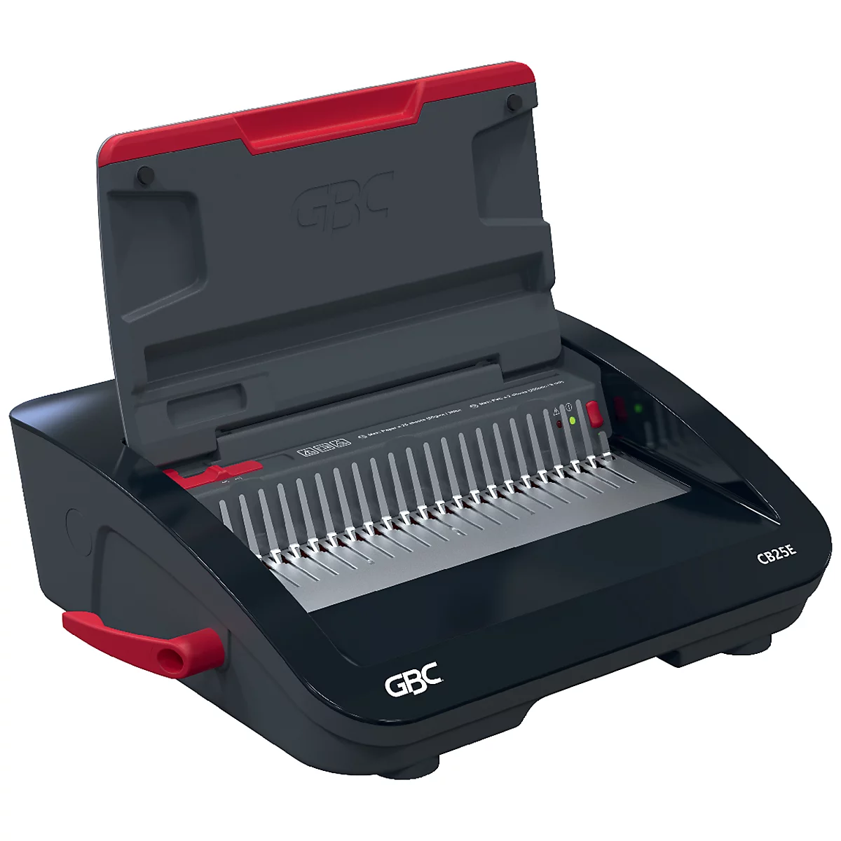 Reliure GBC noire avec des accents rouges, un couvercle ouvert et des trous de perforation. Inscription "GBC".