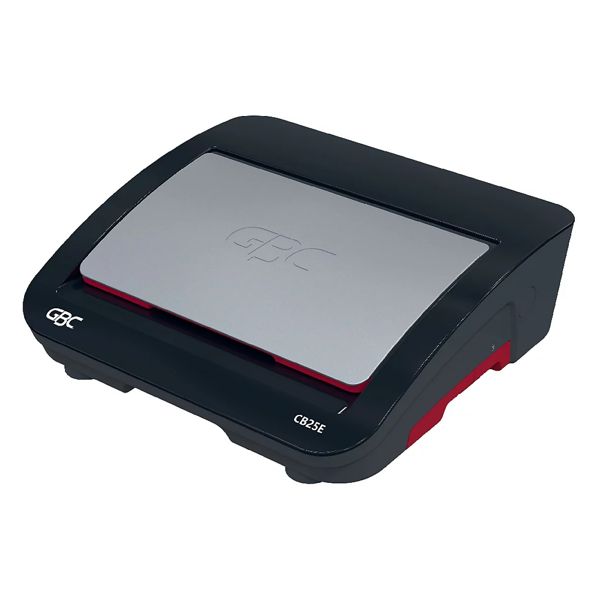 Une plastifieuse noire avec une surface grise et des accents rouges. Logo GBC. Nom du modèle : CB25E.