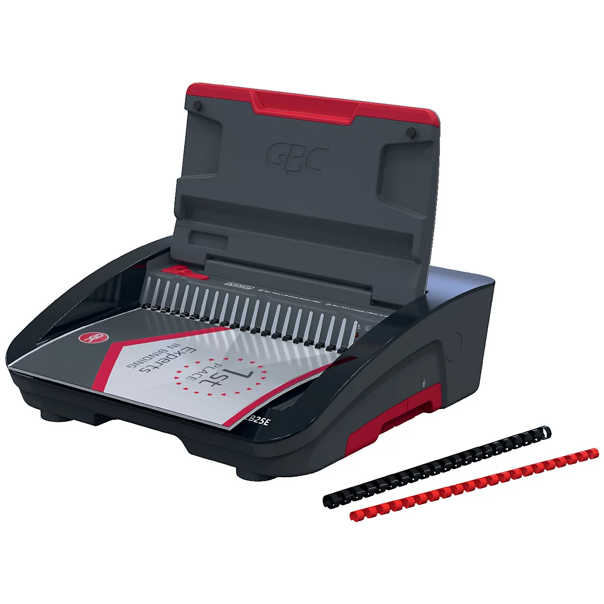 Machine à relier noire et rouge avec un couvercle ouvert. Un document se trouve à l'intérieur de la machine. À côté se trouvent des anneaux de reliure noirs et rouges.