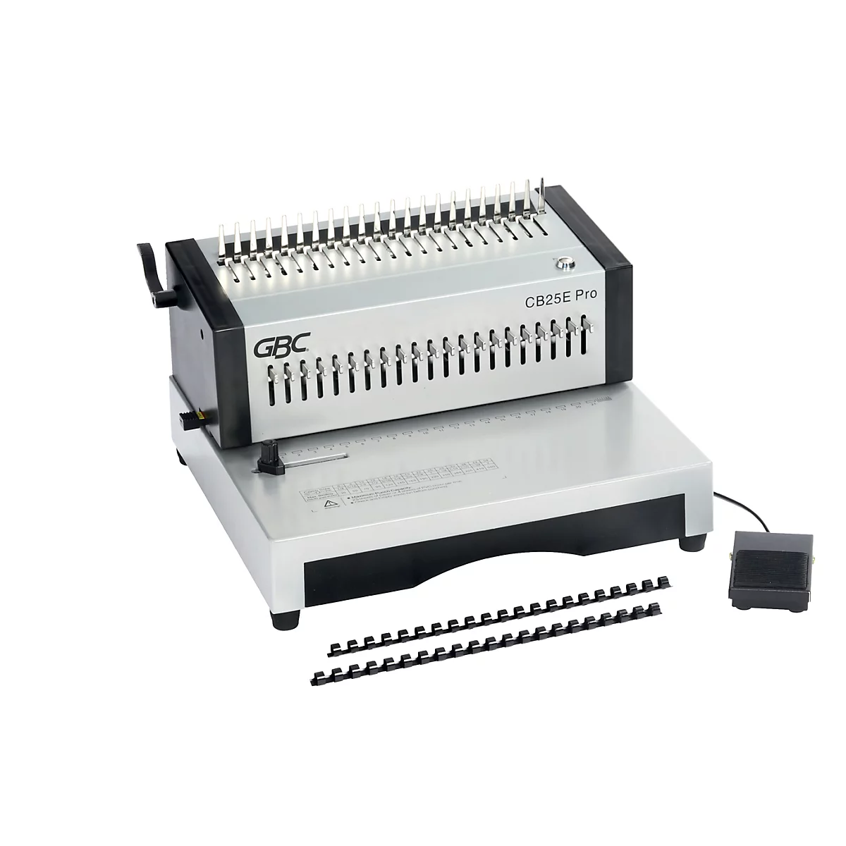 Grauer, silberner Bindemacher, "GBC CB25E Pro", mit schwarzem Fußschalter und schwarzen Binderingen.