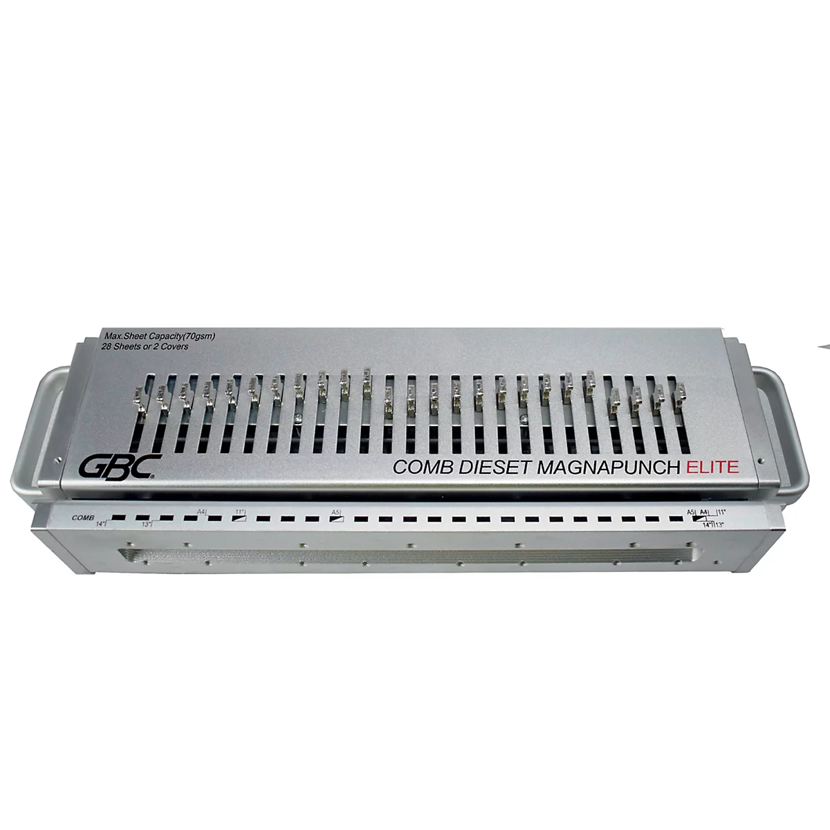 Zilveren perforatiemachine met handvatten en opschrift "COMB DIESET MAGNAPUNCH ELITE".