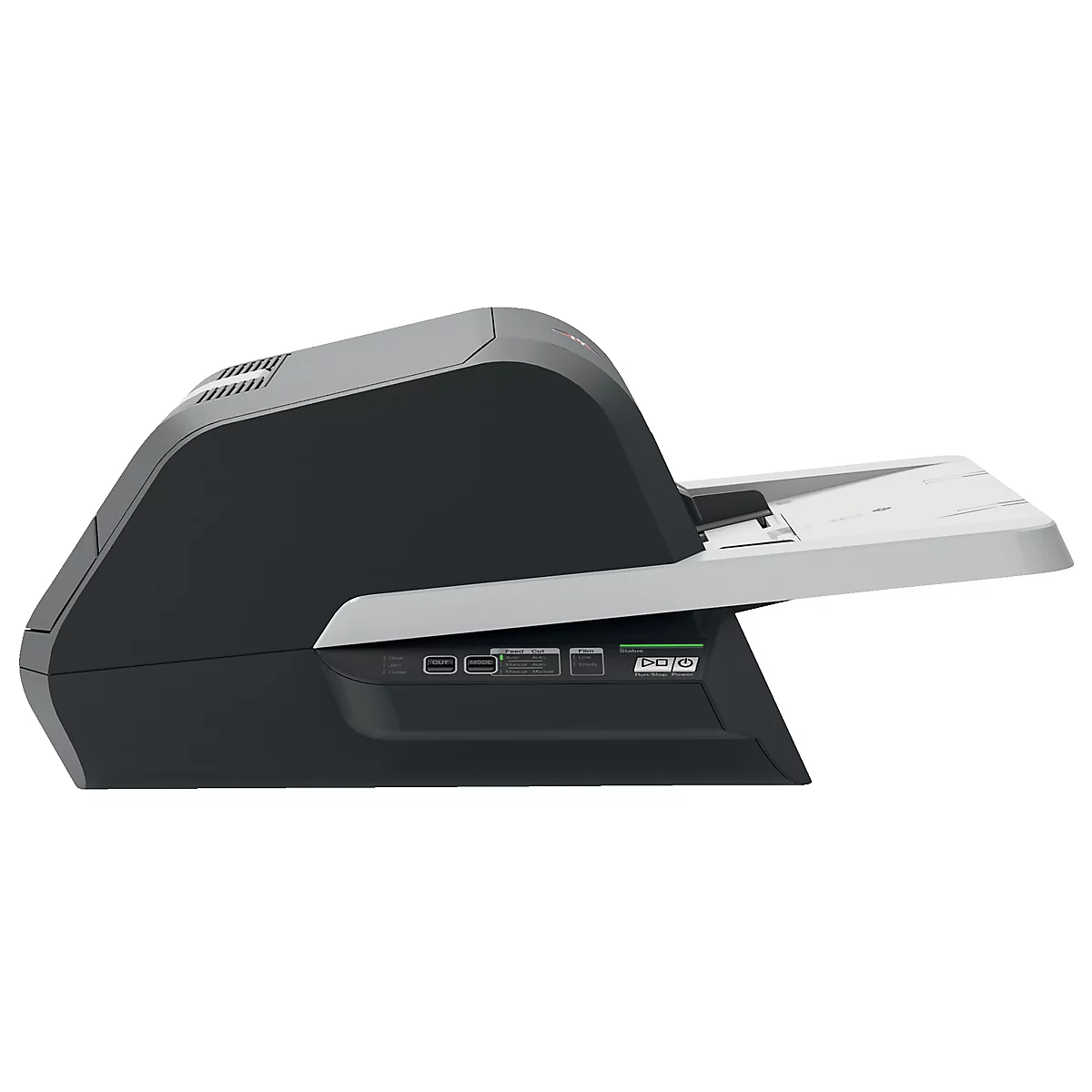 Zijaanzicht van een scanner, voornamelijk zwart en grijs, met een open invoer. USB-poorten bevinden zich aan de onderkant.