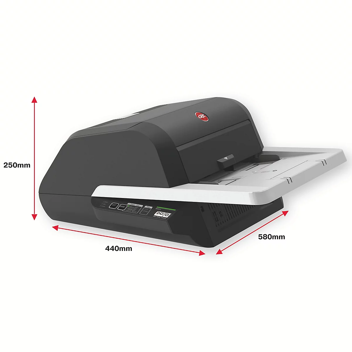 Scanner gris avec bac à papier déployé. Les dimensions sont indiquées.