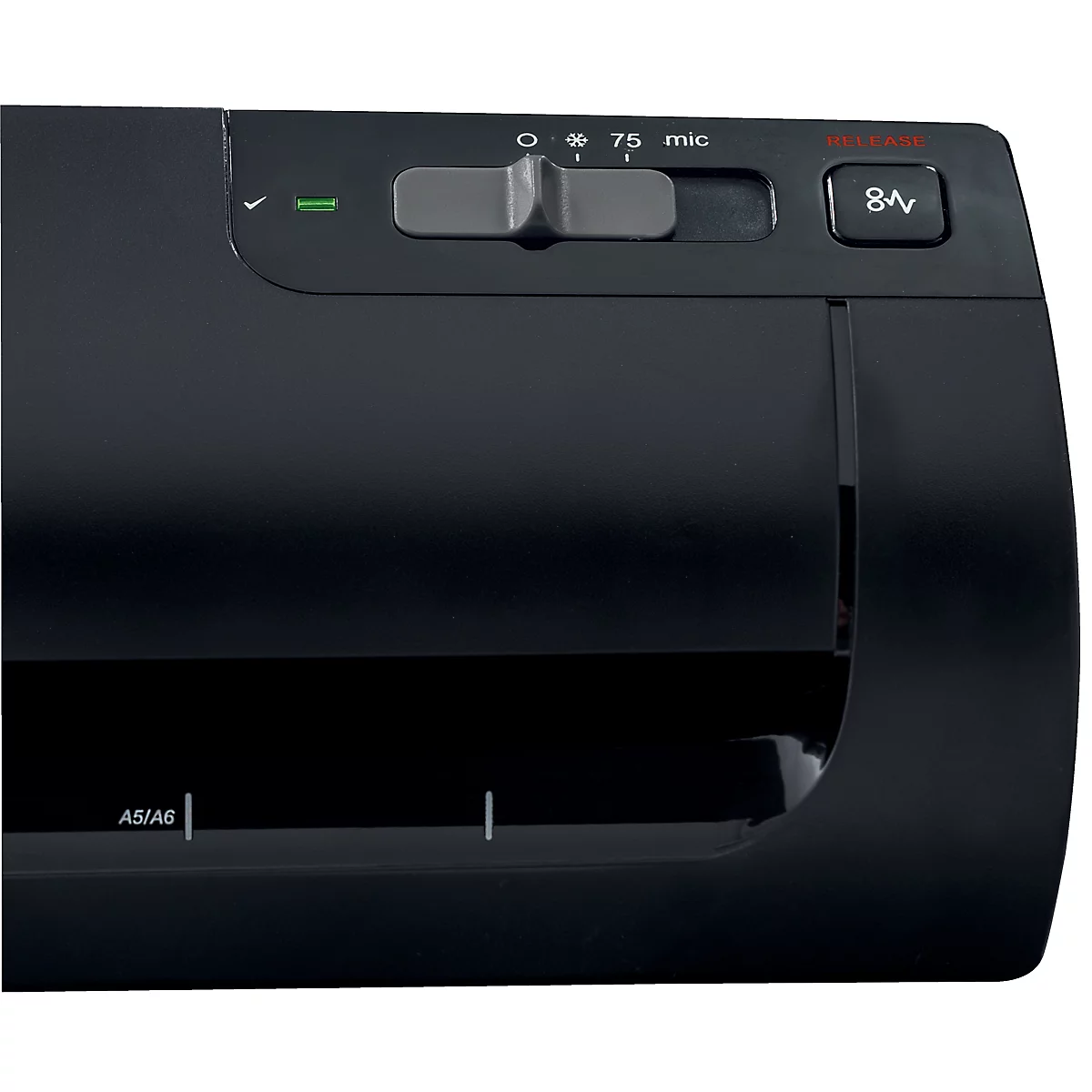 Close-up van een zwarte lamineermachine met bedieningselementen en de tekst "8".