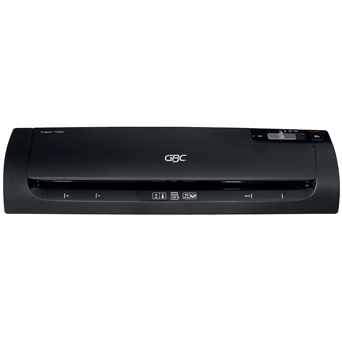 Plastifieuse GBC noire. Texte supérieur : « Fusion 1000L ». Boutons de commande et logo visibles.