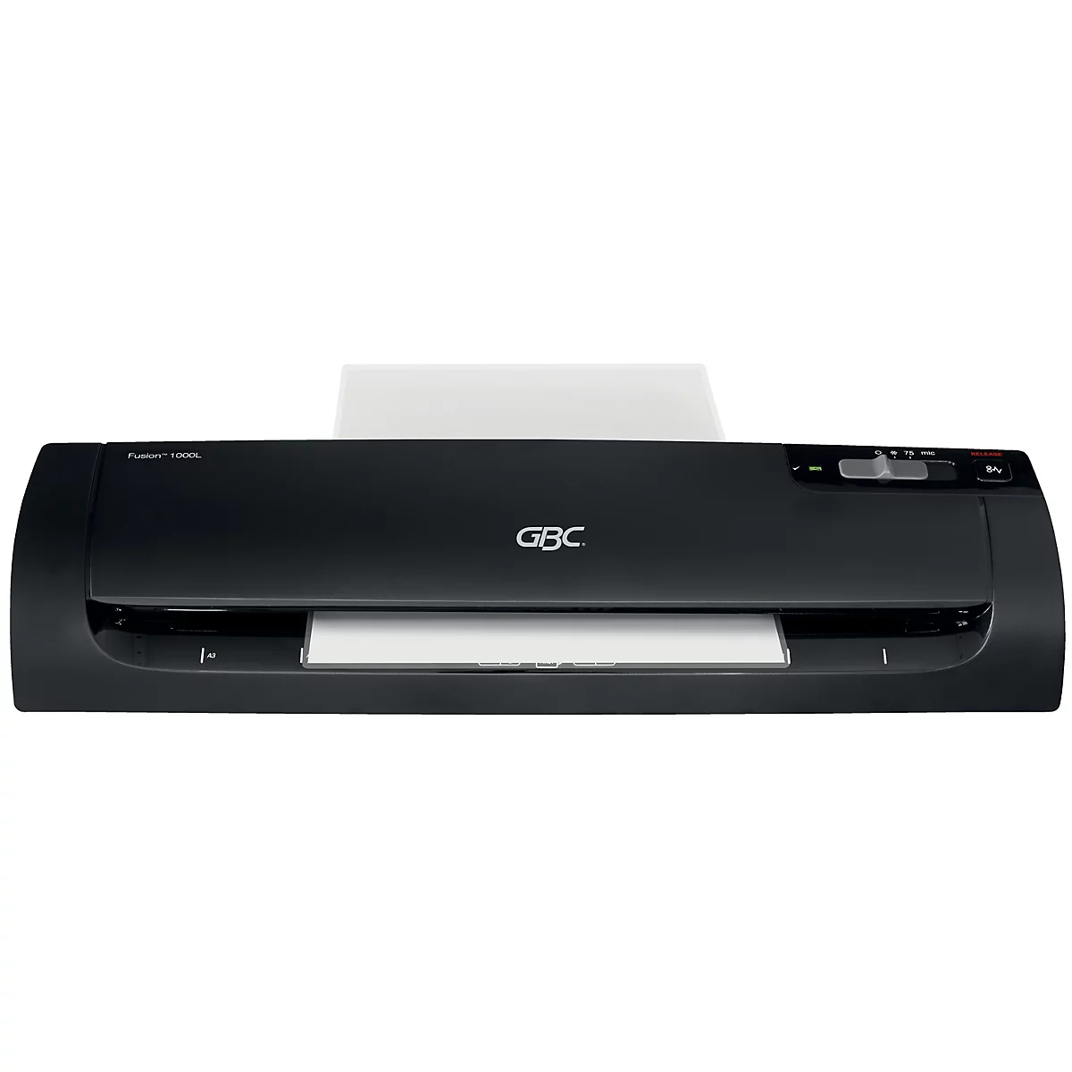 Laminateur GBC noir avec sortie papier et logo, sur fond clair.