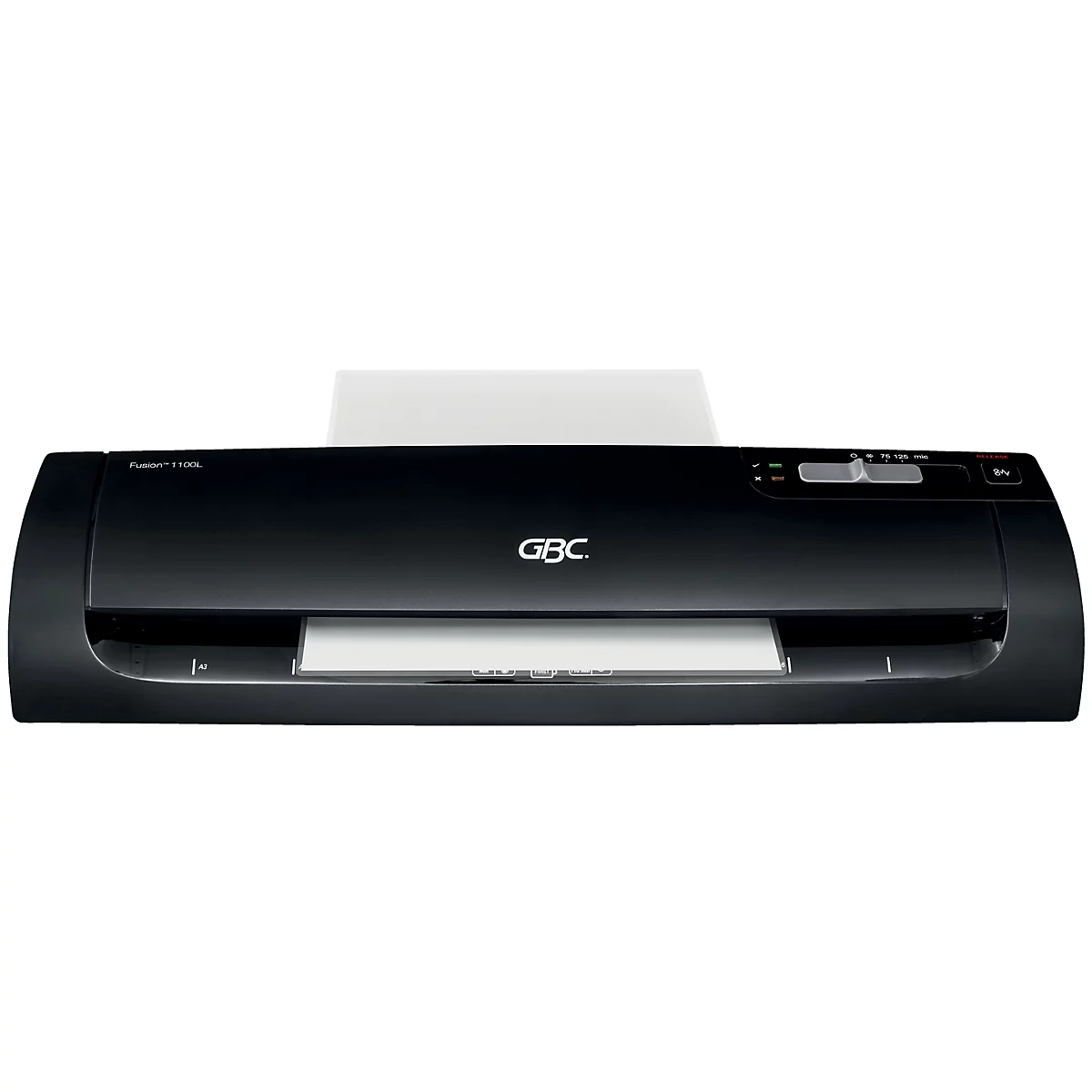 Schwarzer Drucker mit eingelegtem Papier. Oben und unten befinden sich Papierausgabefächer. Auf der Vorderseite steht „GBC“. 