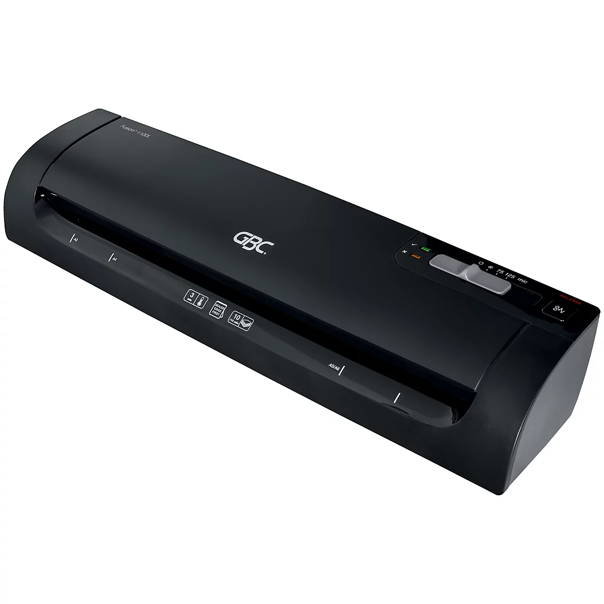 Laminateur GBC noir, photographié en perspective. Les voyants et interrupteurs de contrôle se trouvent en haut à droite. Logo GBC.