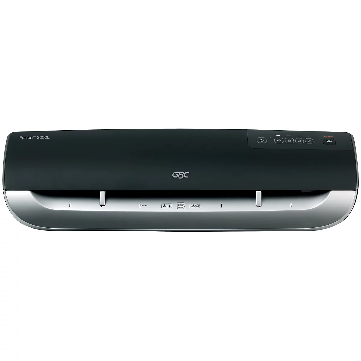 Schwarzes Laminiergerät mit grauer Front. GBC-Logo deutlich sichtbar. Oben Bedienfeld.