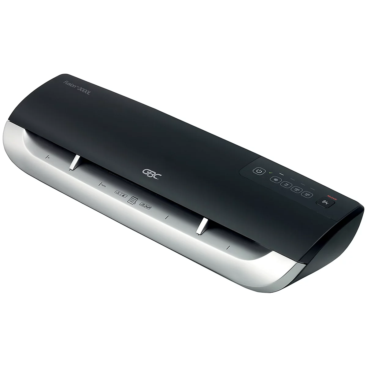 Schwarzes Laminiergerät mit silbernen Akzenten, GBC-Logo. Bedienfeld mit Tasten. Aufdruck: "Fusion 1200L".