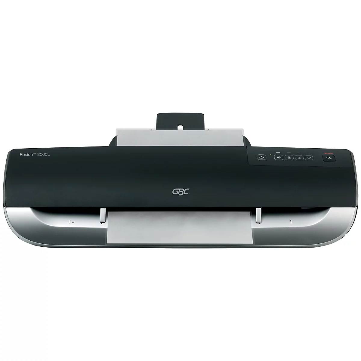 Schwarzes Laminiergerät mit silbernen Akzenten. Ein Blatt Papier liegt im Ausgabeschlitz. Auf der Oberseite befinden sich Bedienelemente.