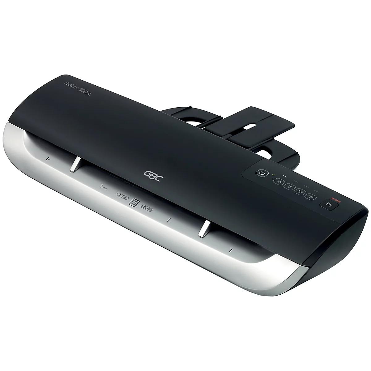 Schwarzes Laminiergerät mit silberner Basis und Bedienelementen.