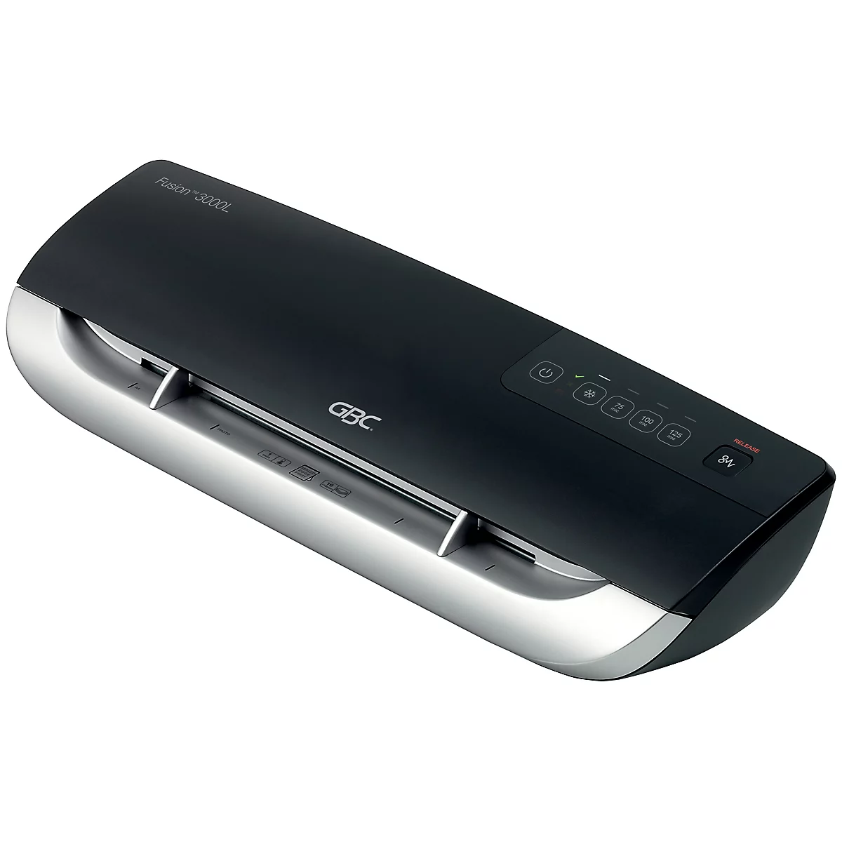 Ein schwarzes und silbernes Laminiergerät mit GBC-Logo, Bedienfeld und Ein-/Aus-Schalter.