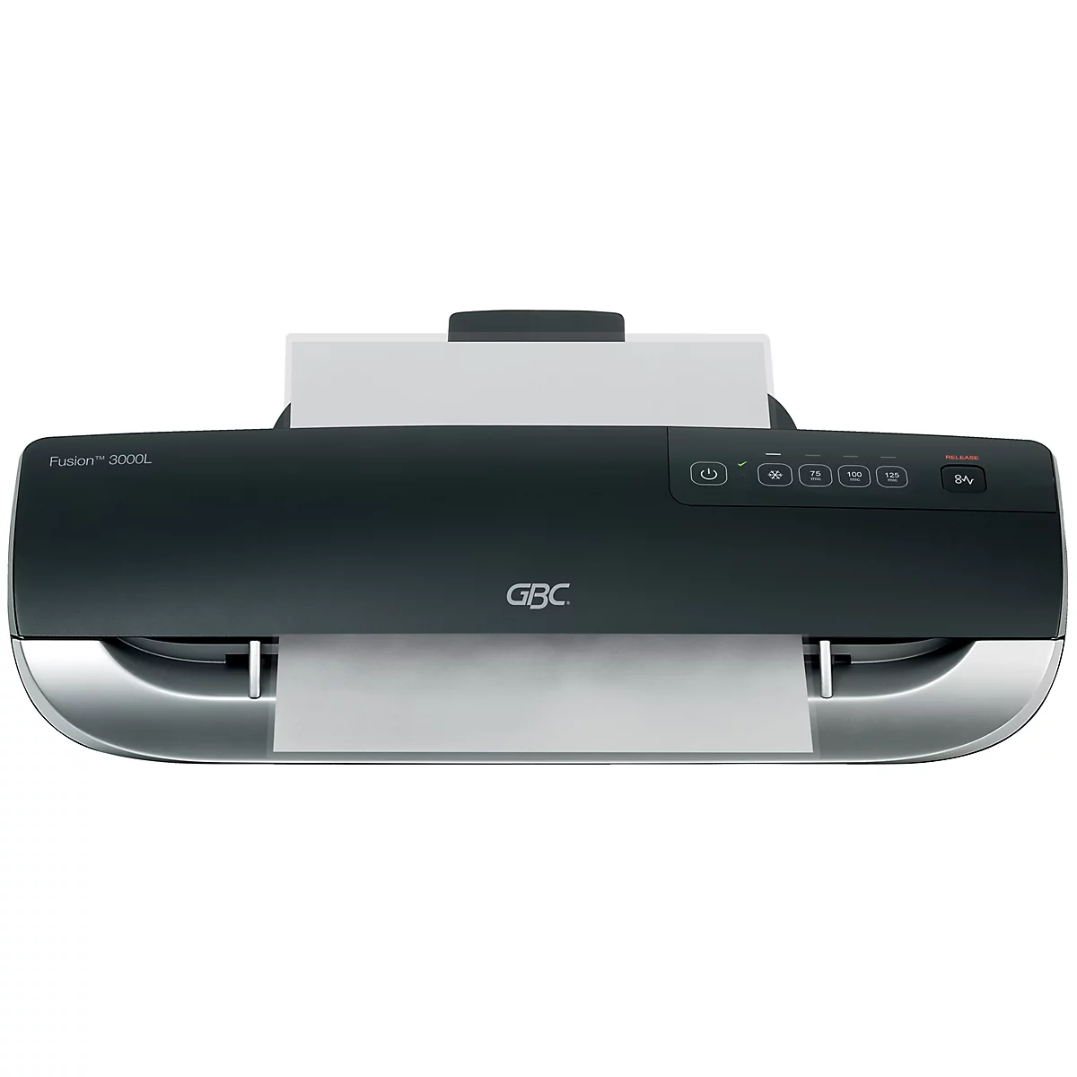 Schwarzes Laminiergerät mit weißem Papier, Marke GBC, Beschriftung Fusion 3000L.