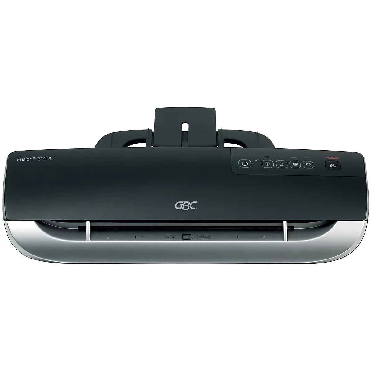 Schwarzes GBC-Laminiergerät, Fusion 3000L, mit silberner Front. Oben befinden sich Bedienelemente.
