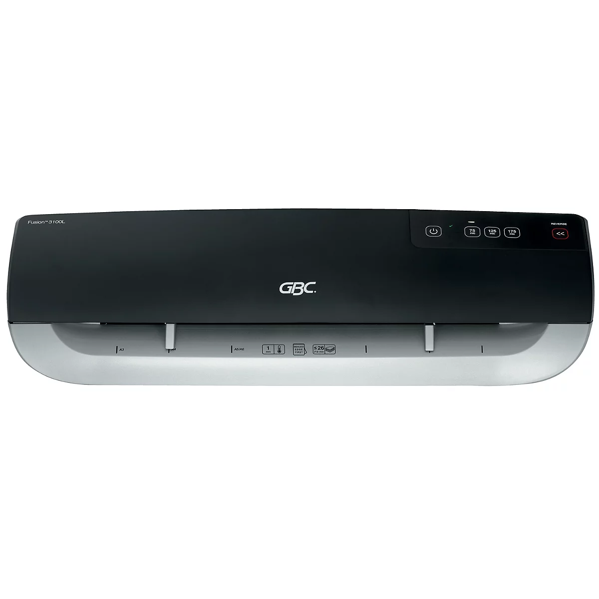 Schwarzes GBC-Laminiergerät mit silberner Basis. Oben befinden sich Bedienknöpfe.