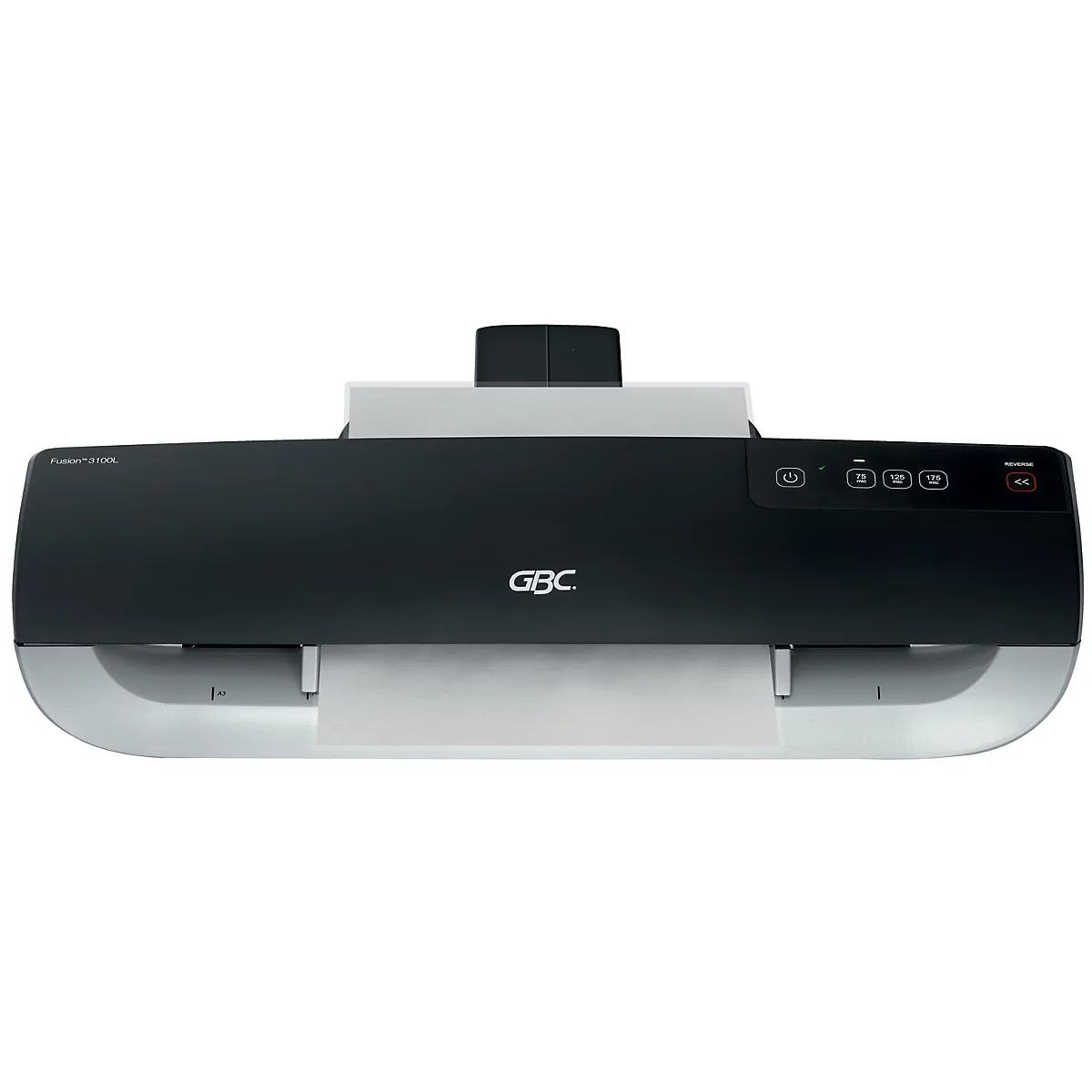 Ein schwarzes GBC-Laminiergerät mit hellgrauen Elementen. Oben Papiereinzug. Bedienfeld mit Tasten.
