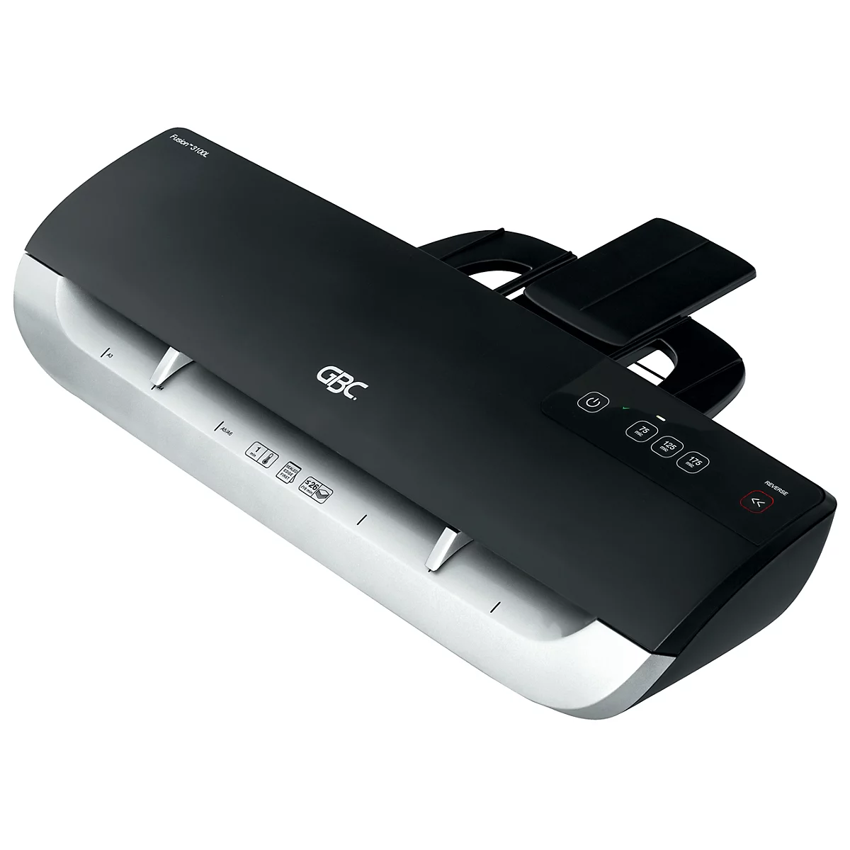 Schwarzes GBC-Laminiergerät mit silberner Basis. Oben sind Tasten und ein Griff zu sehen.