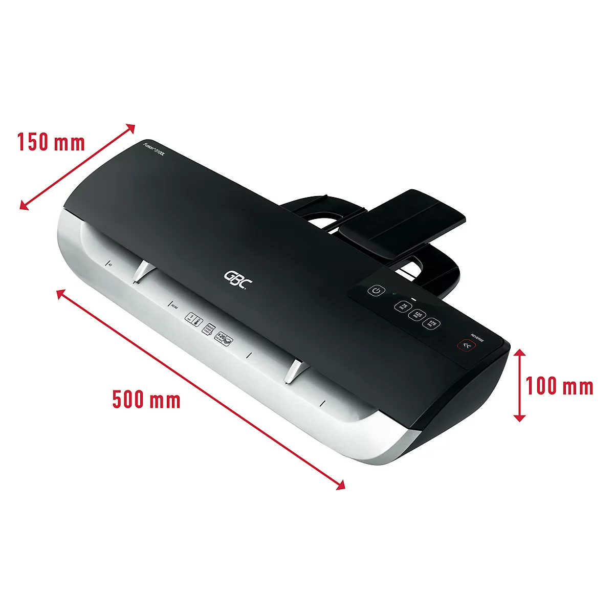 Ein schwarzes Laminiergerät mit silbernen Akzenten. Maße: 500 x 150 x 100 mm. GBC Logo.