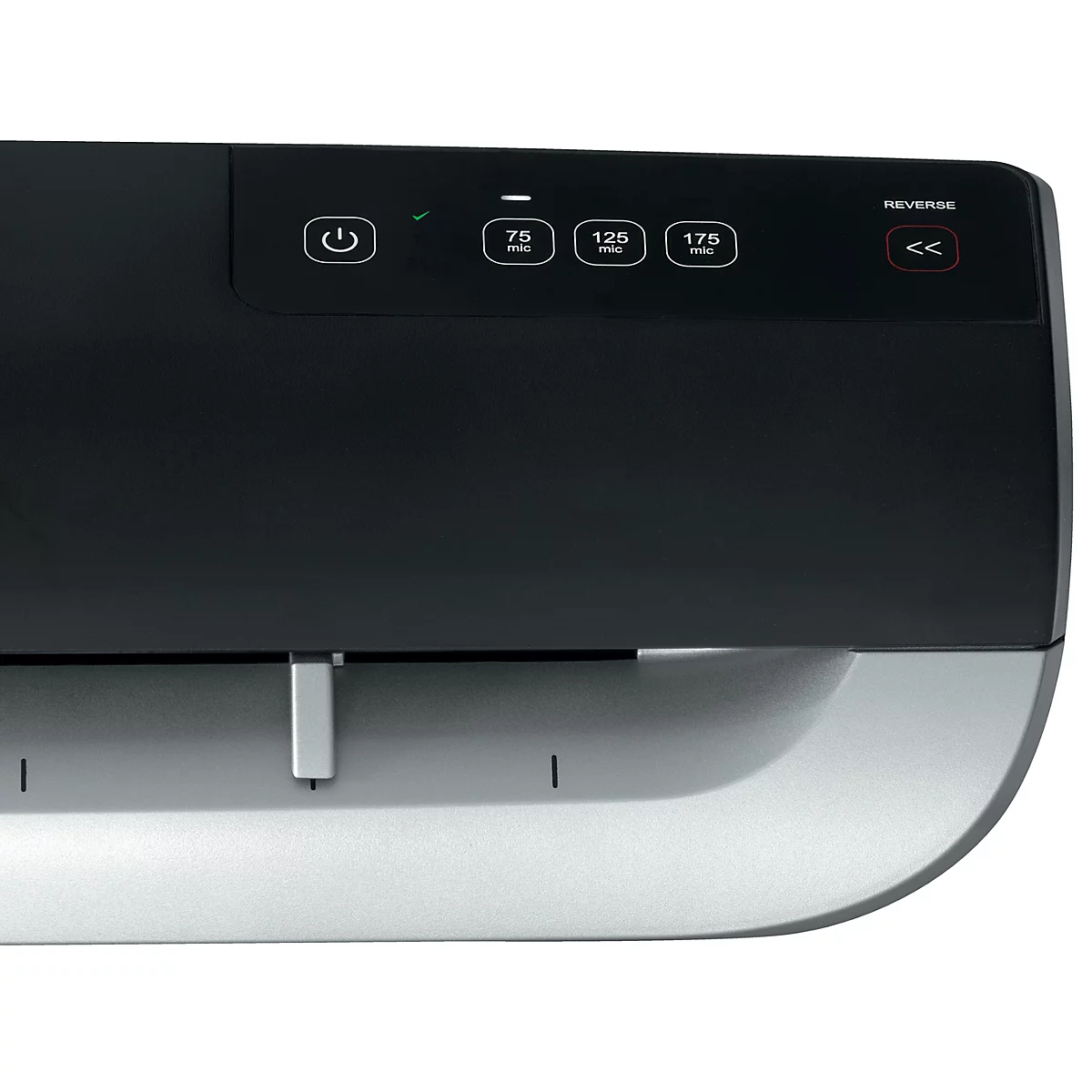 Detailaufnahme eines schwarzen und silbernen Laminiergeräts mit Bedienelementen und Beschriftungen: 75 mic, 125 mic, 175 mic.