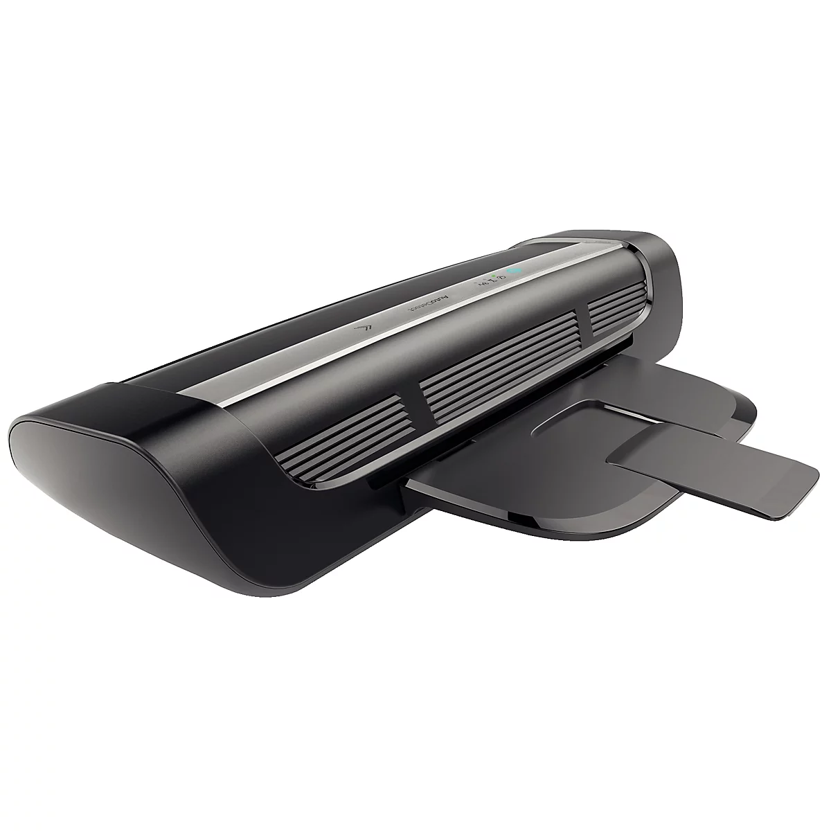 Schwarzes elektronisches Gerät, detailreich abgebildet. Mit schmaler, ausziehbarer Platte.