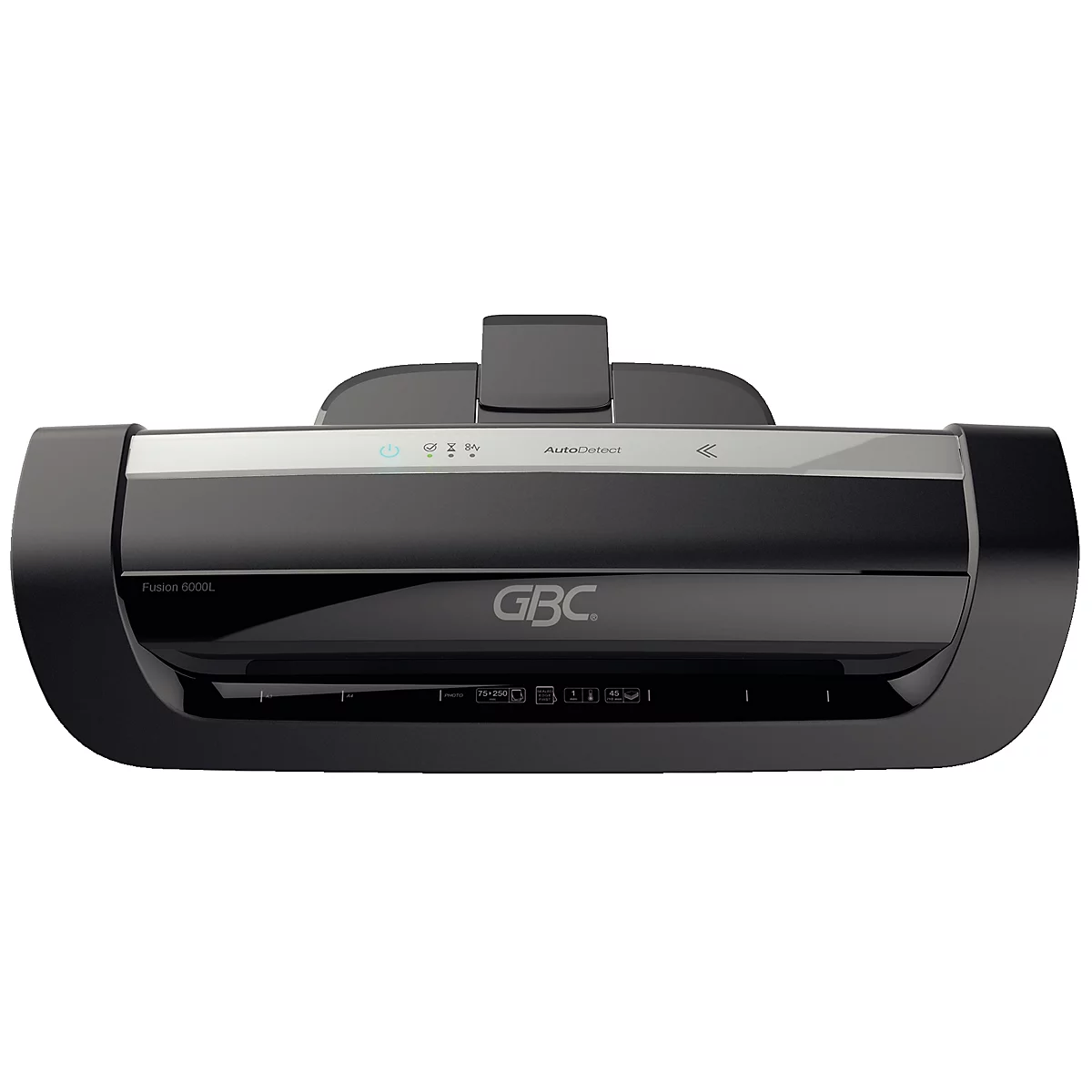 Laminateur GBC noir, vue de face, avec des touches d'argent.