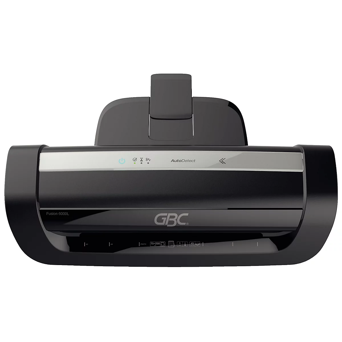 Laminateur GBC noir, barre argentée avec lumières et lettrage. Il y a un support sur le dessus.