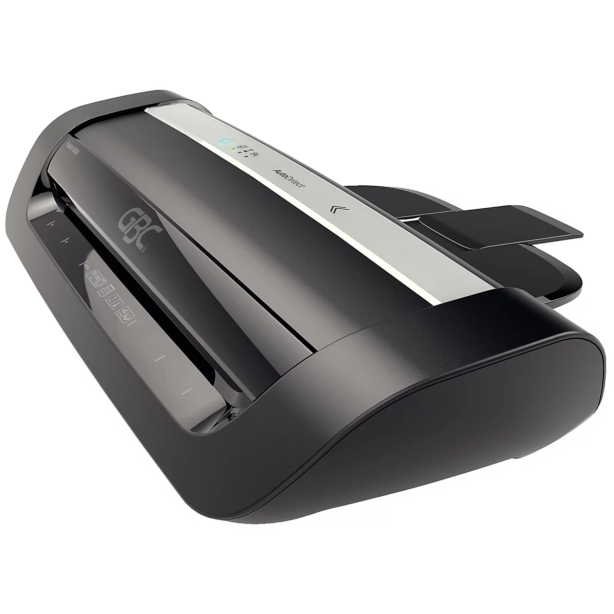 Laminateur noir, vu légèrement d'en haut. Avec l'inscription "GBC" et un panneau de commande.