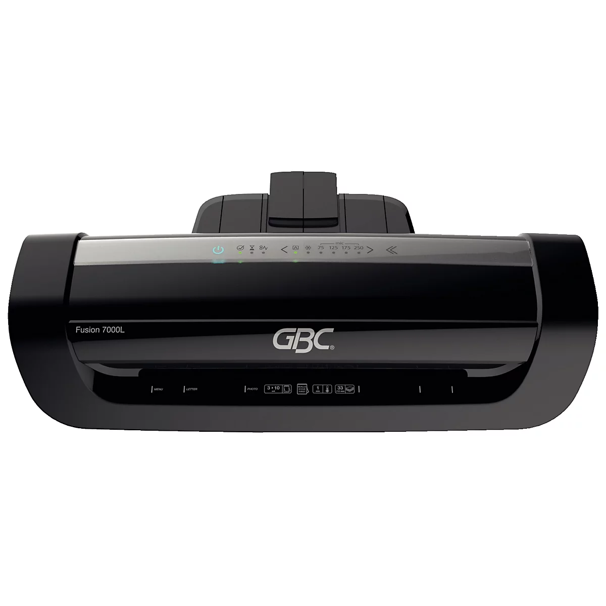 Zwarte lamineermachine, model GBC Fusion 7000L, met zilveren bedieningseenheid en GBC-logo.