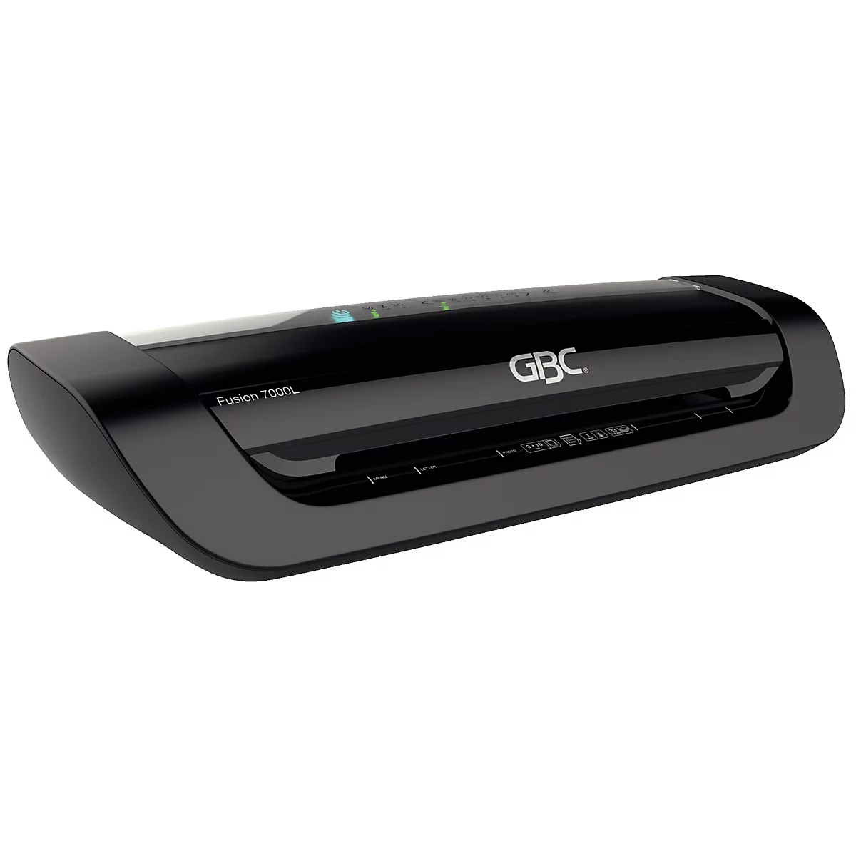 Zwarte GBC lamineermachine. Zichtbaar: merknaam, modelnaam en statuslampjes.