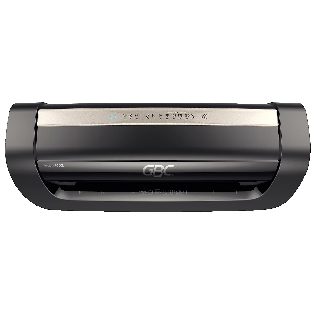 Plastifieuse GBC noire, barre argentée avec commandes, logo GBC.