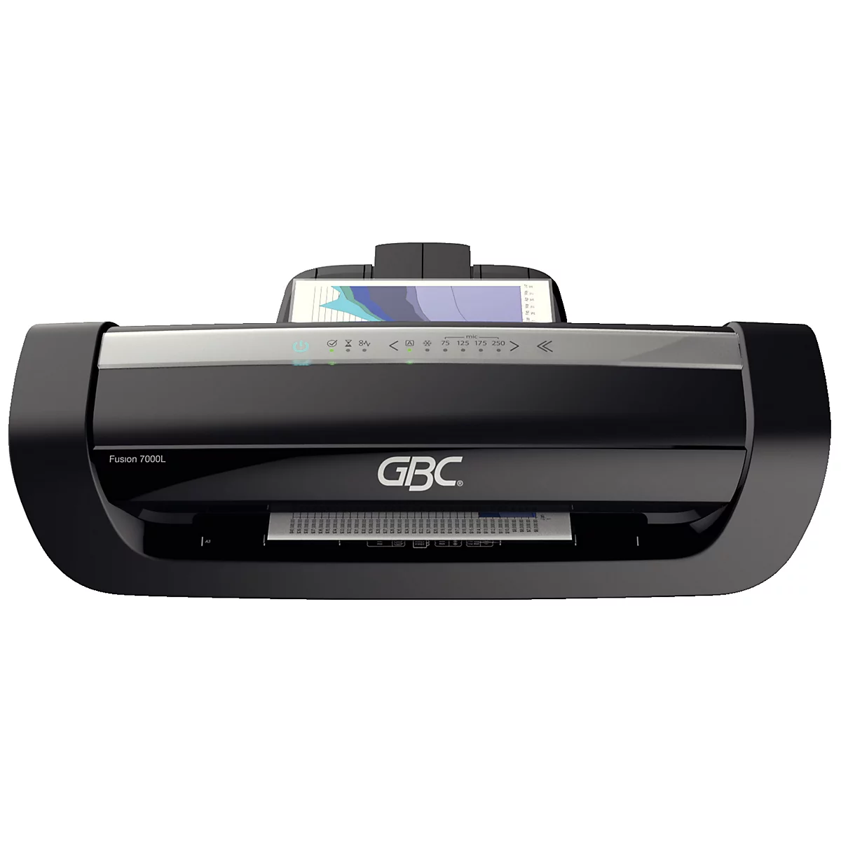 Une plastifieuse GBC noire, un écran avec un diagramme et une série de boutons.