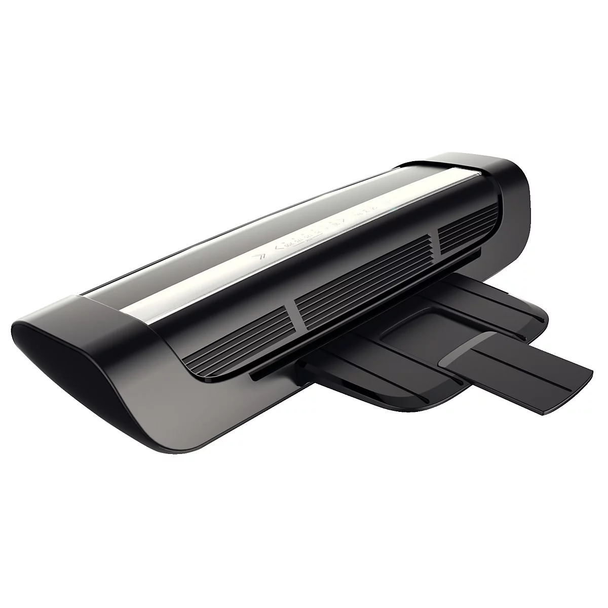 Appareil noir d'aspect futuriste. Bande argentée sur le dessus, fentes d'aération sur le côté et stabilisateurs.
