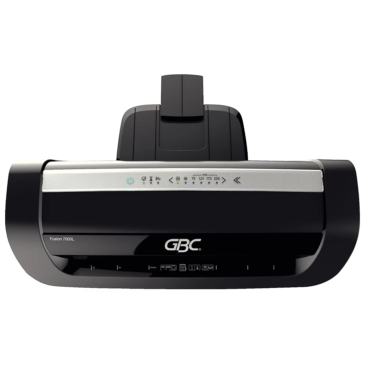 Laminateur GBC noir, barre argentée avec commandes, fixation.