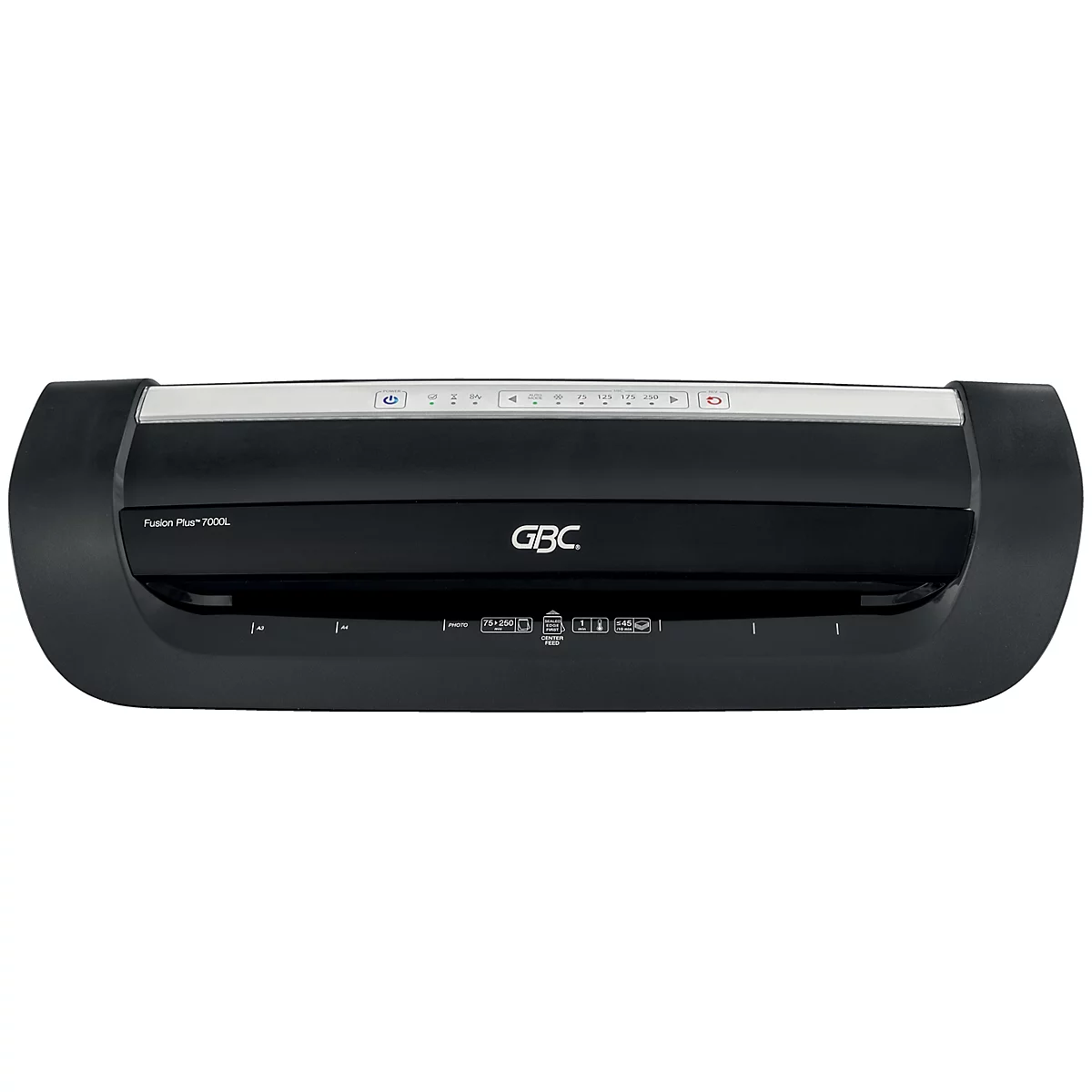 Laminateur noir avec logo GBC. Boutons de commande en bas, bande argentée en haut.