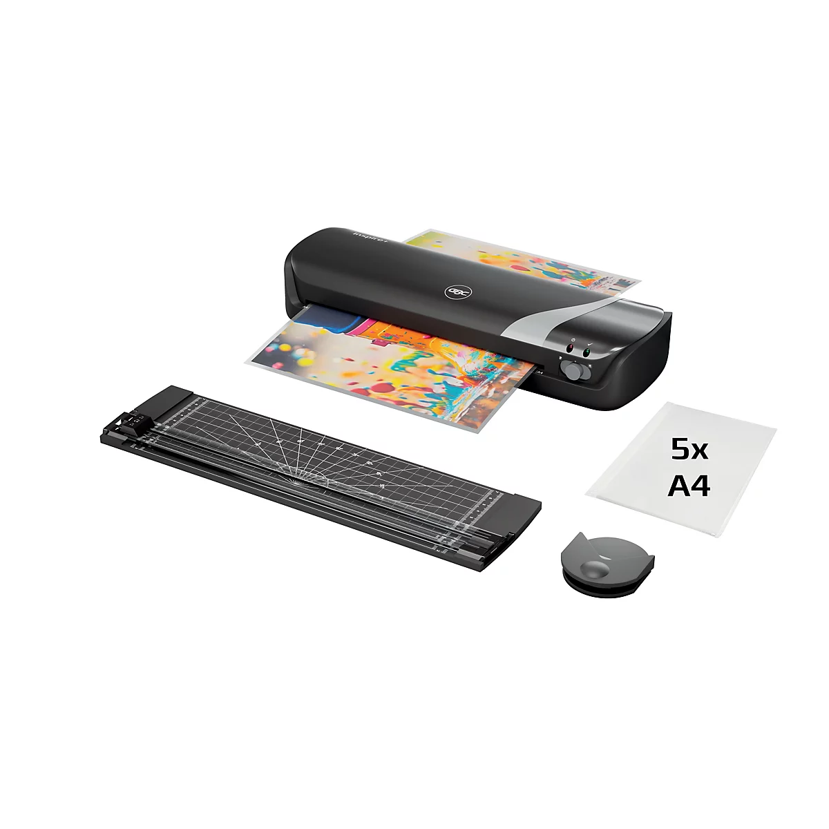 Laminateur noir avec massicot et feuilles A4.