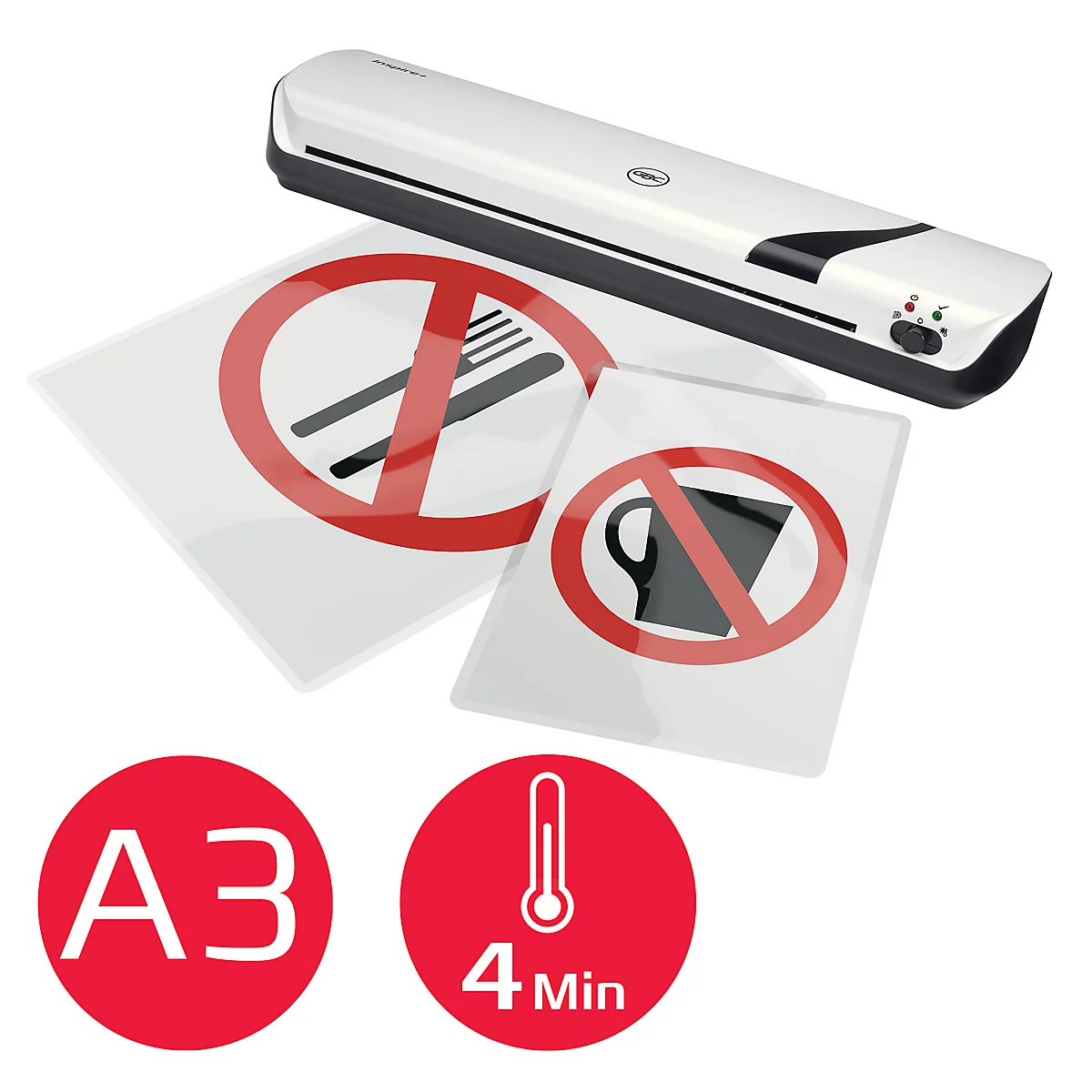 Laminator met borden die eten en drinken verbieden. Rode cirkels met symbolen en A3 en 4 Min.