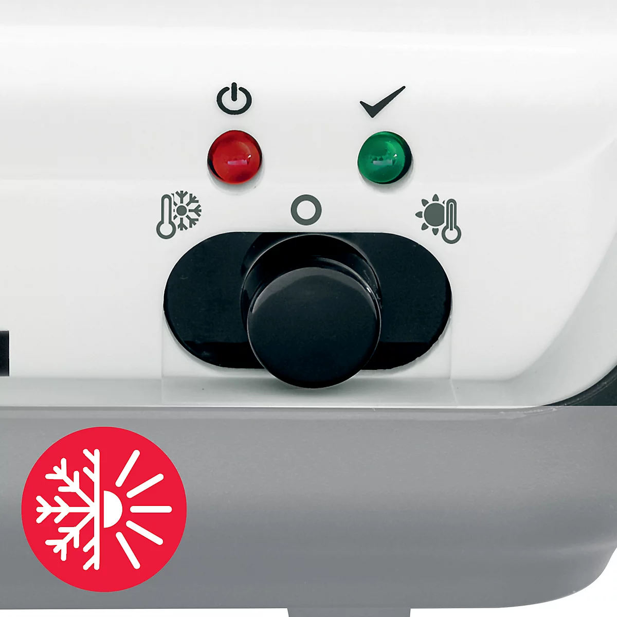 Vue détaillée d'un panneau de contrôle. Bouton rotatif avec voyants rouge et vert.