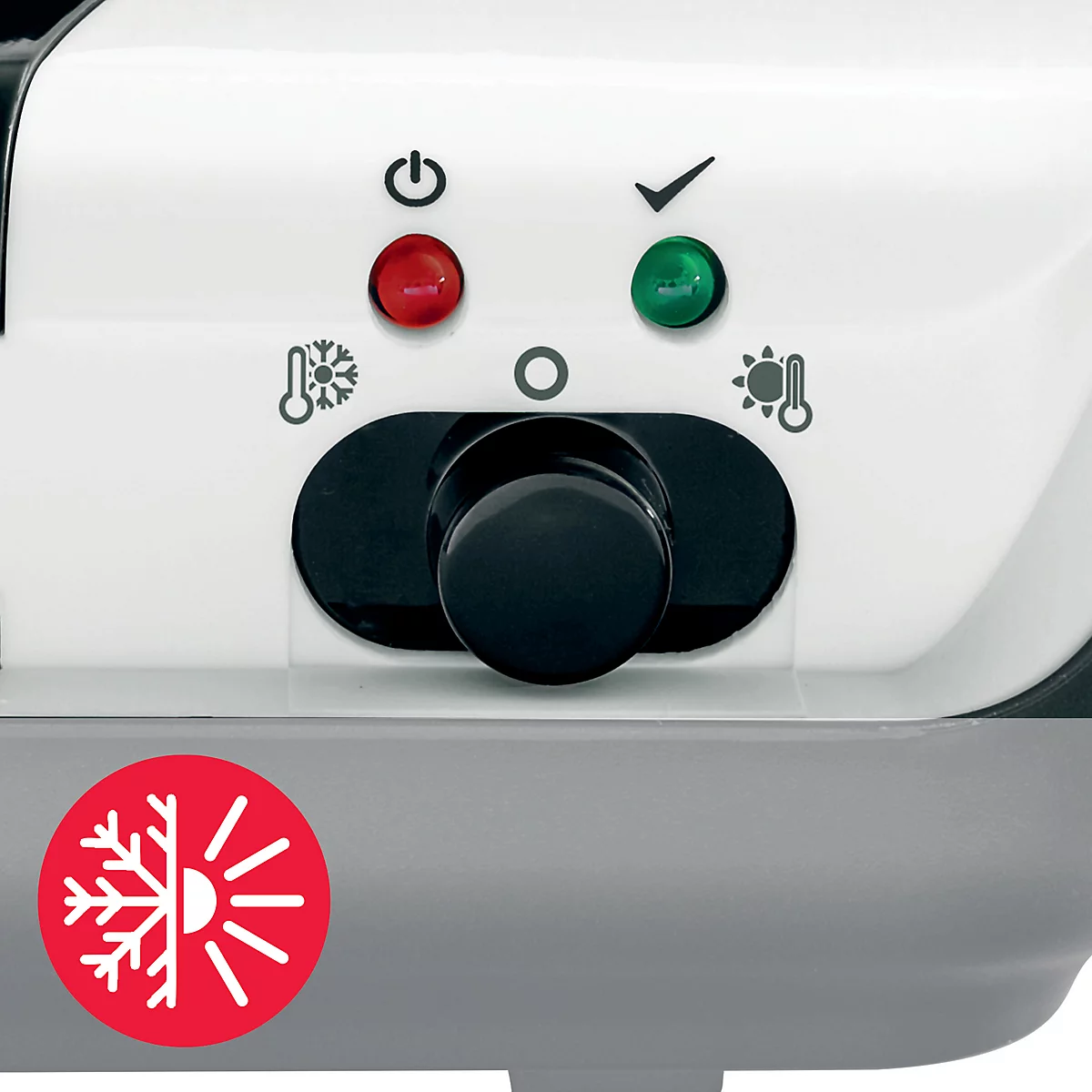 Detailopname van een bedieningspaneel met draaiknop, indicatielampjes en symbolen voor koeling en verwarming.