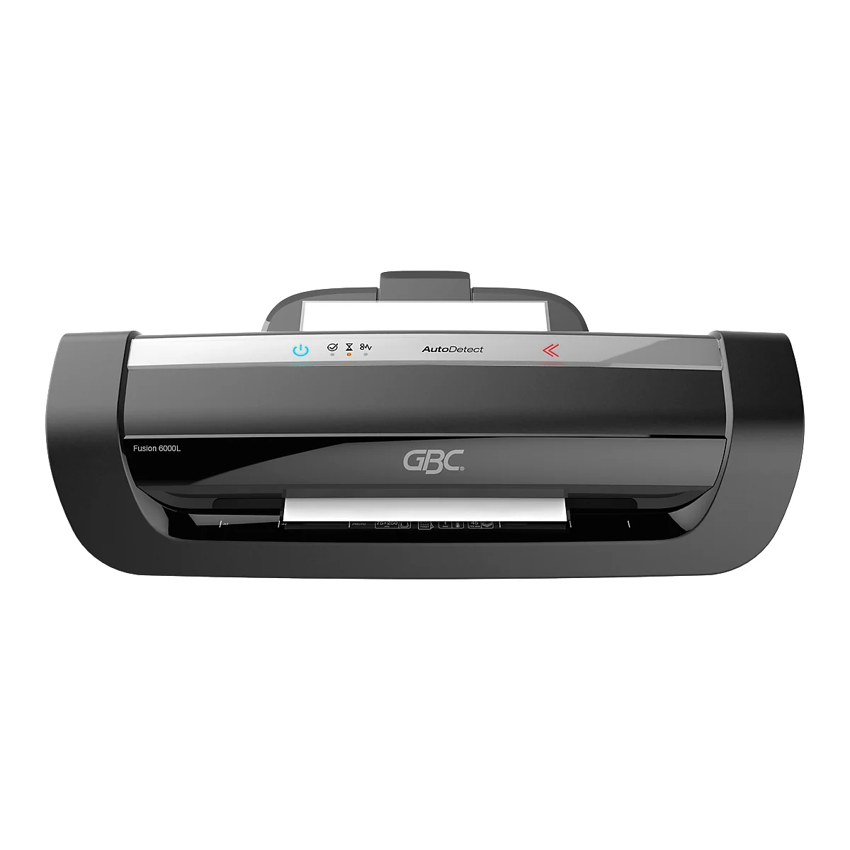 Black GBC laminator with white paper output. There are blue, yellow, and red lights on the machine. The model is called Fusion 1000L.