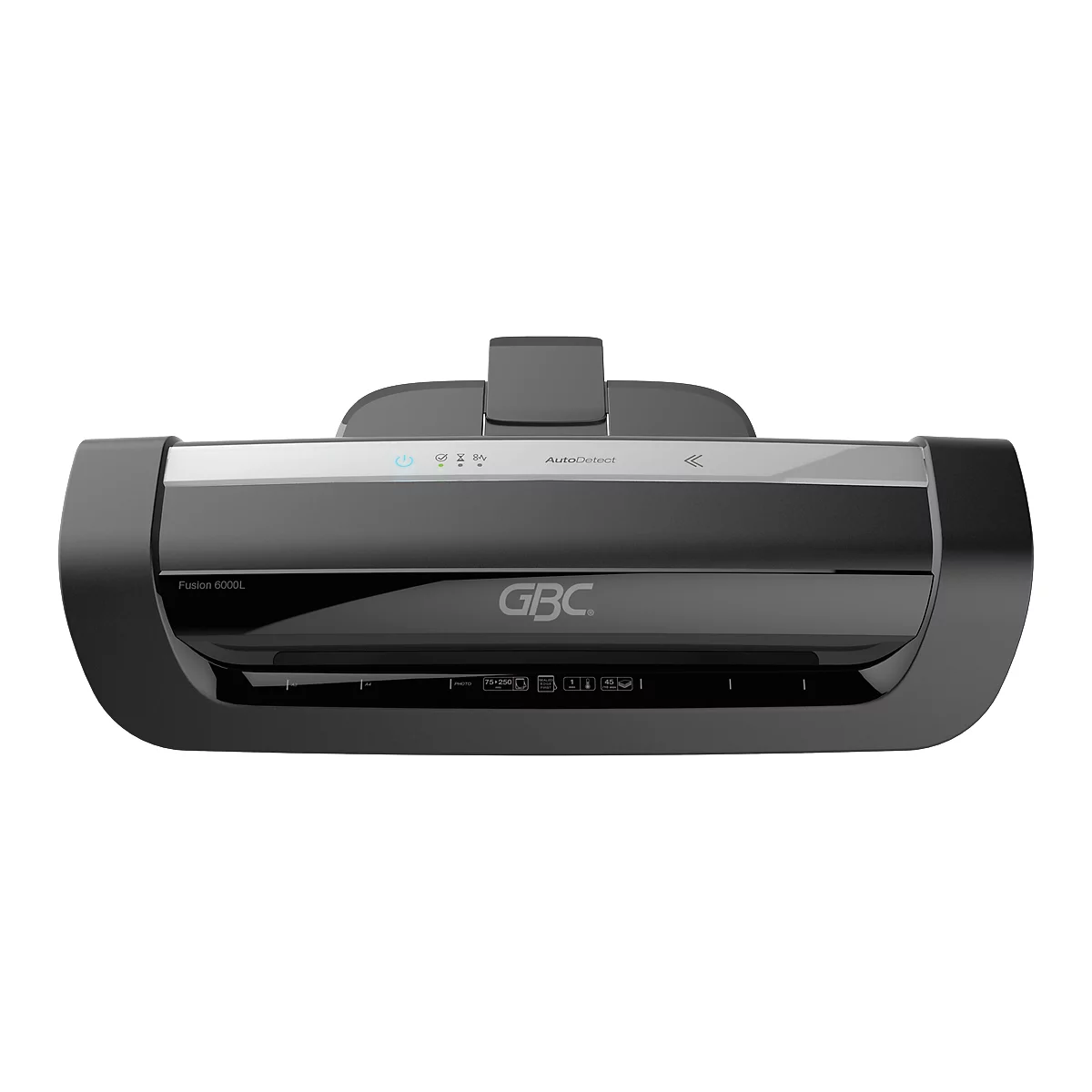 Black GBC laminator. Light grey bar at the top with buttons, logos and indicators. GBC logo below.
