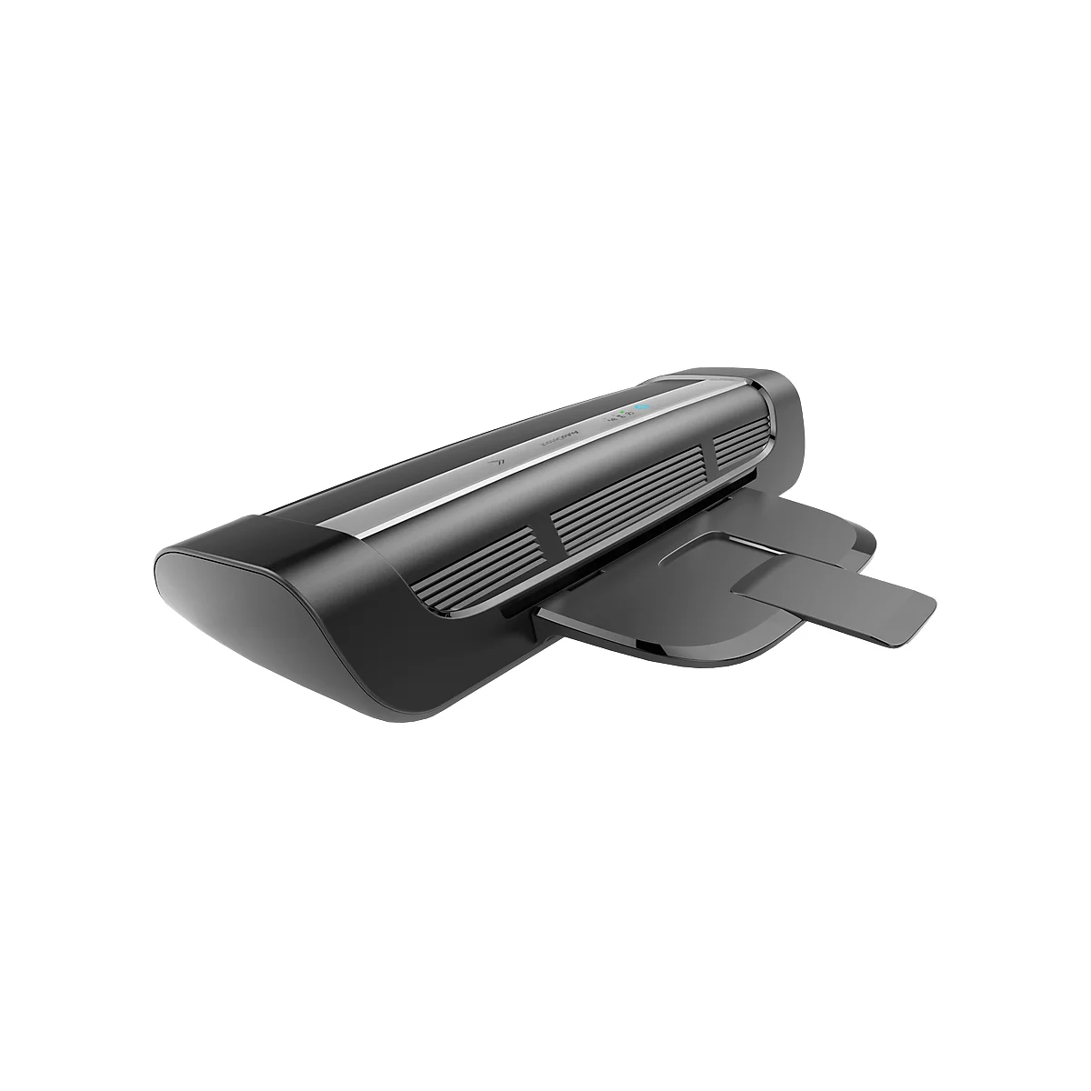 Black and gray document scanner with an extended paper tray. The top has a silver strip with control buttons.