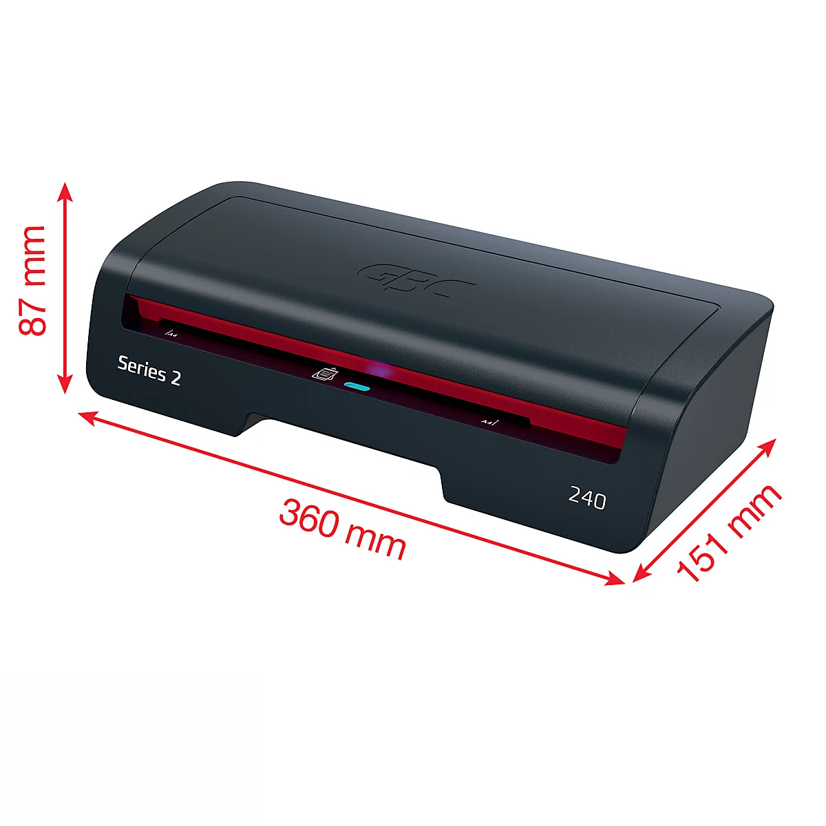 Zwart lamineerapparaat met rode accenten en afmetingen. Het is een product van de 'Series 2' en het merk 'GBC'.