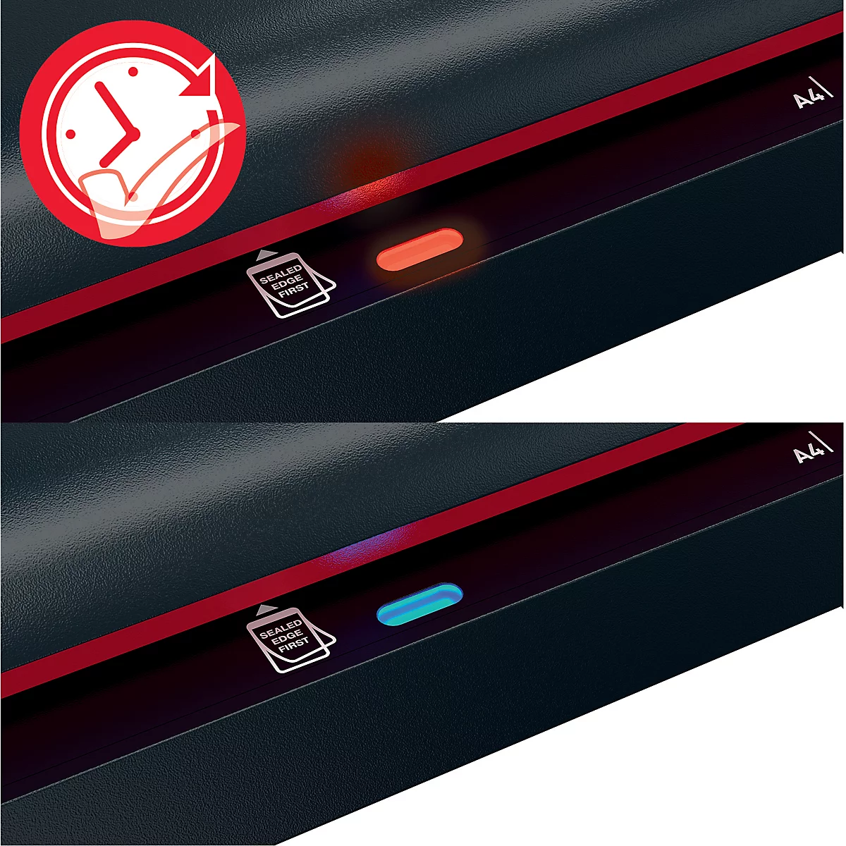 Detailaufnahme einer schwarzen Laminierfolie mit roten Akzenten. Oben links ein rotes Symbol mit Uhr und Hand. Unten zwei blaue und rote LEDs.