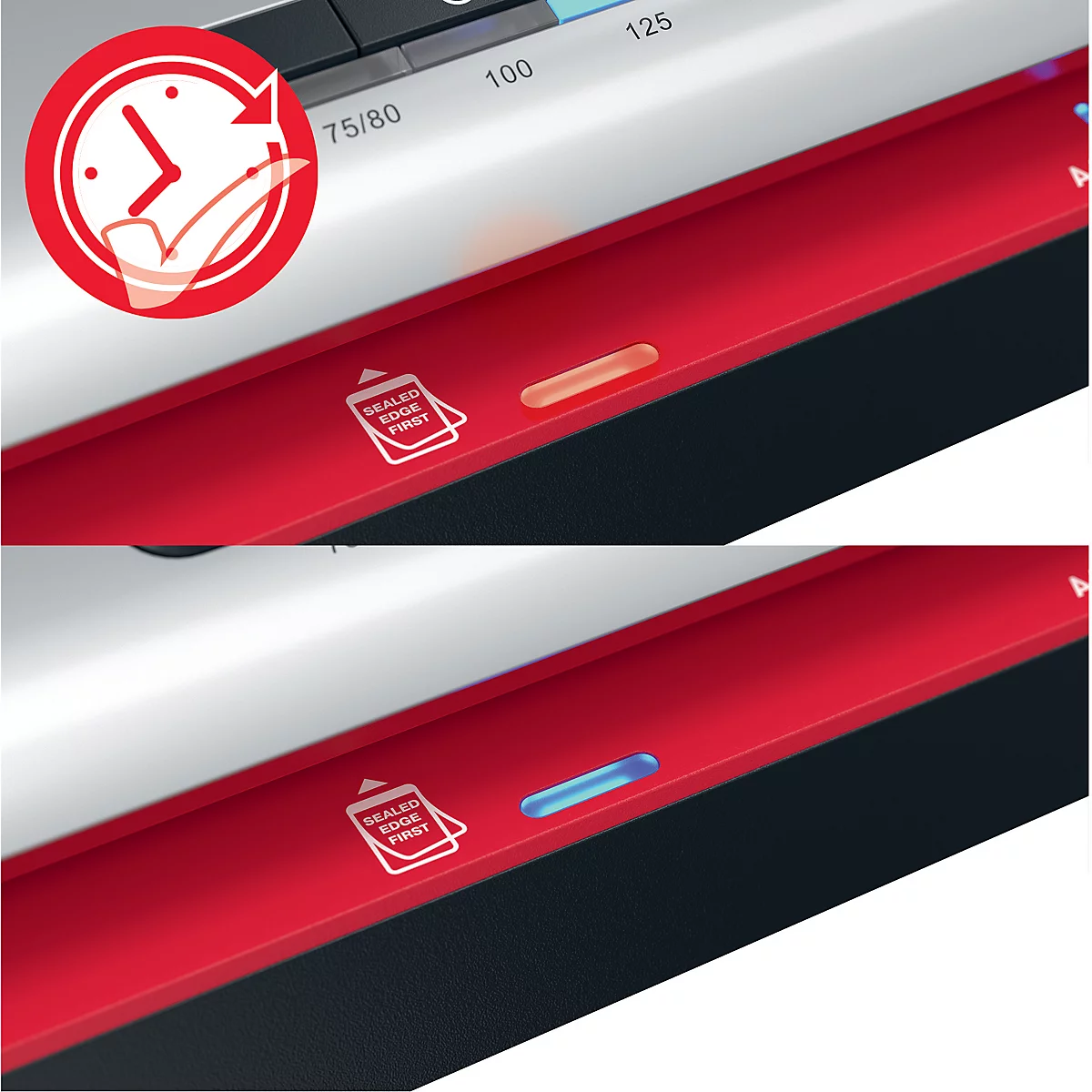 Detailaufnahme einer roten Maschine mit Bedienfeld. Oben ein roter Kreis mit Uhrsymbol. Darunter eine Anzeige mit orangefarbener und blauer Beleuchtung.