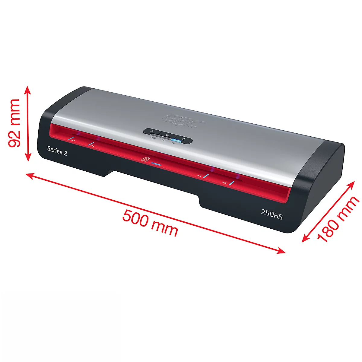 Grauer Laminator mit roten Akzenten und schwarzen Enden. Größenangaben in mm.