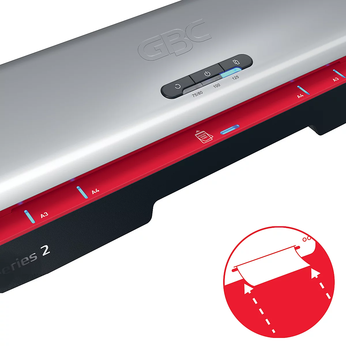 Grauer, roter und schwarzer Laminator. Auf der Oberseite befinden sich die Marke 'GBC', Bedienknöpfe und Anzeigeleuchten. Im roten Bereich sind Größenangaben angegeben. Im Kreis: Symbol für Laminierung.